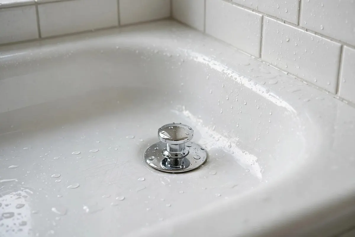 A bathtub drain with chrome stopper in a bathroom