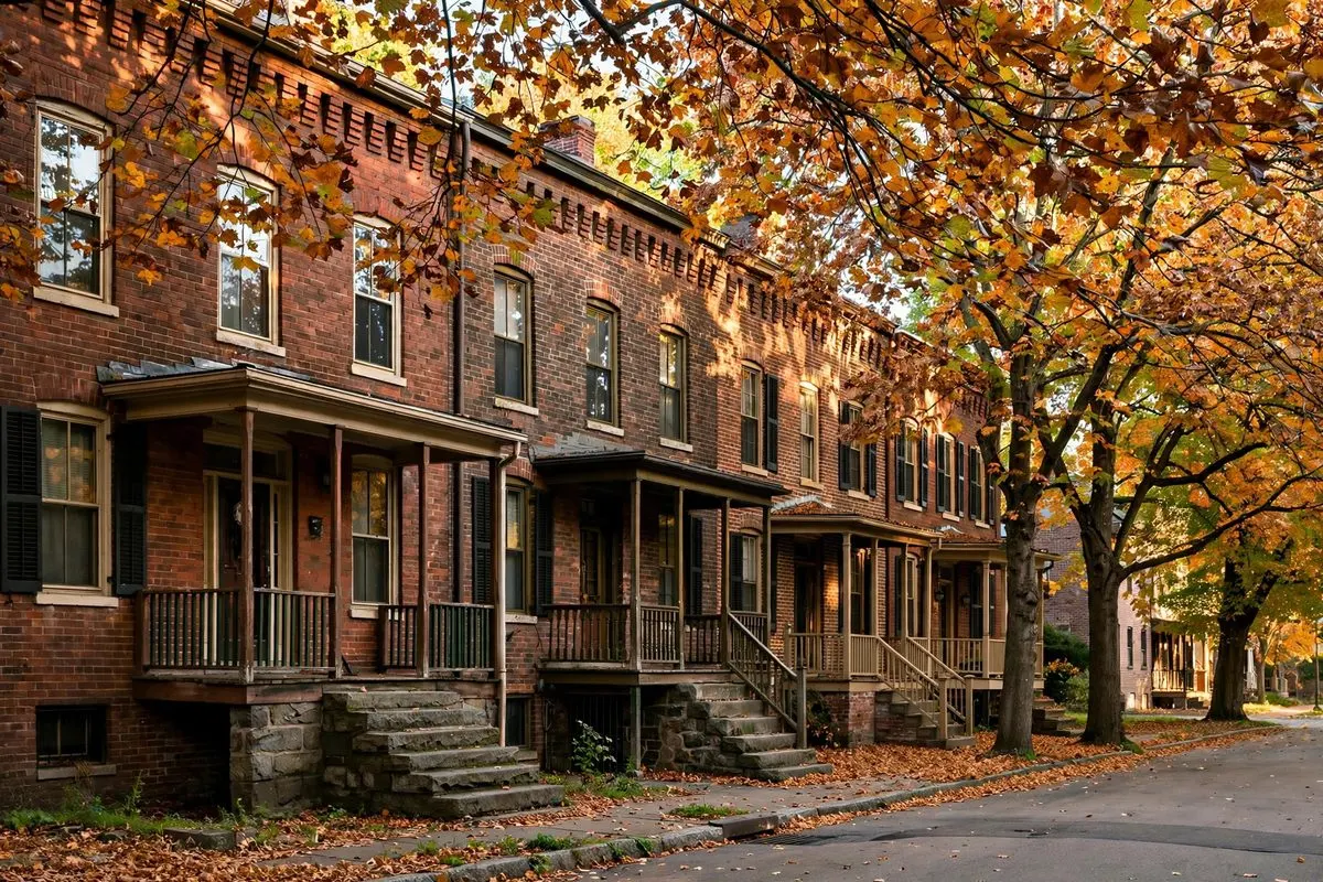 Brick rowhouses with porches on a tree-lined street