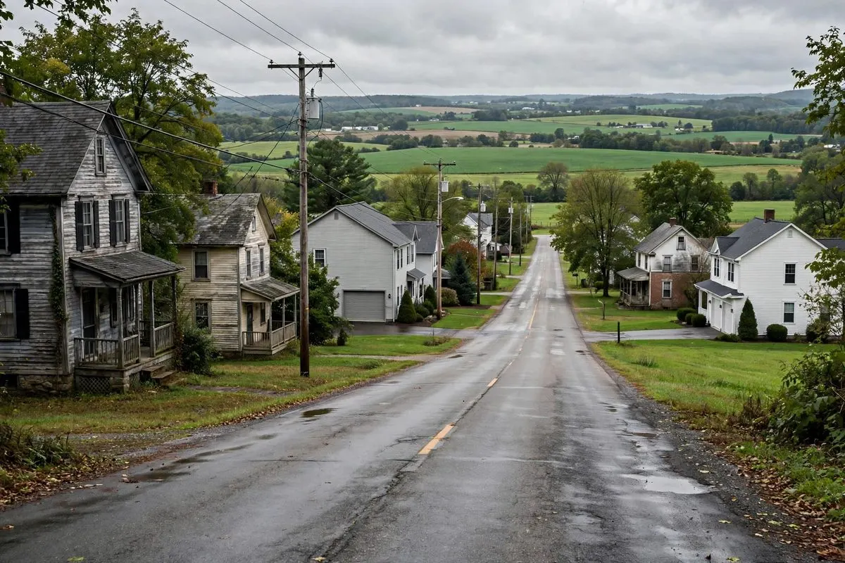 A village main road with older and newer homes