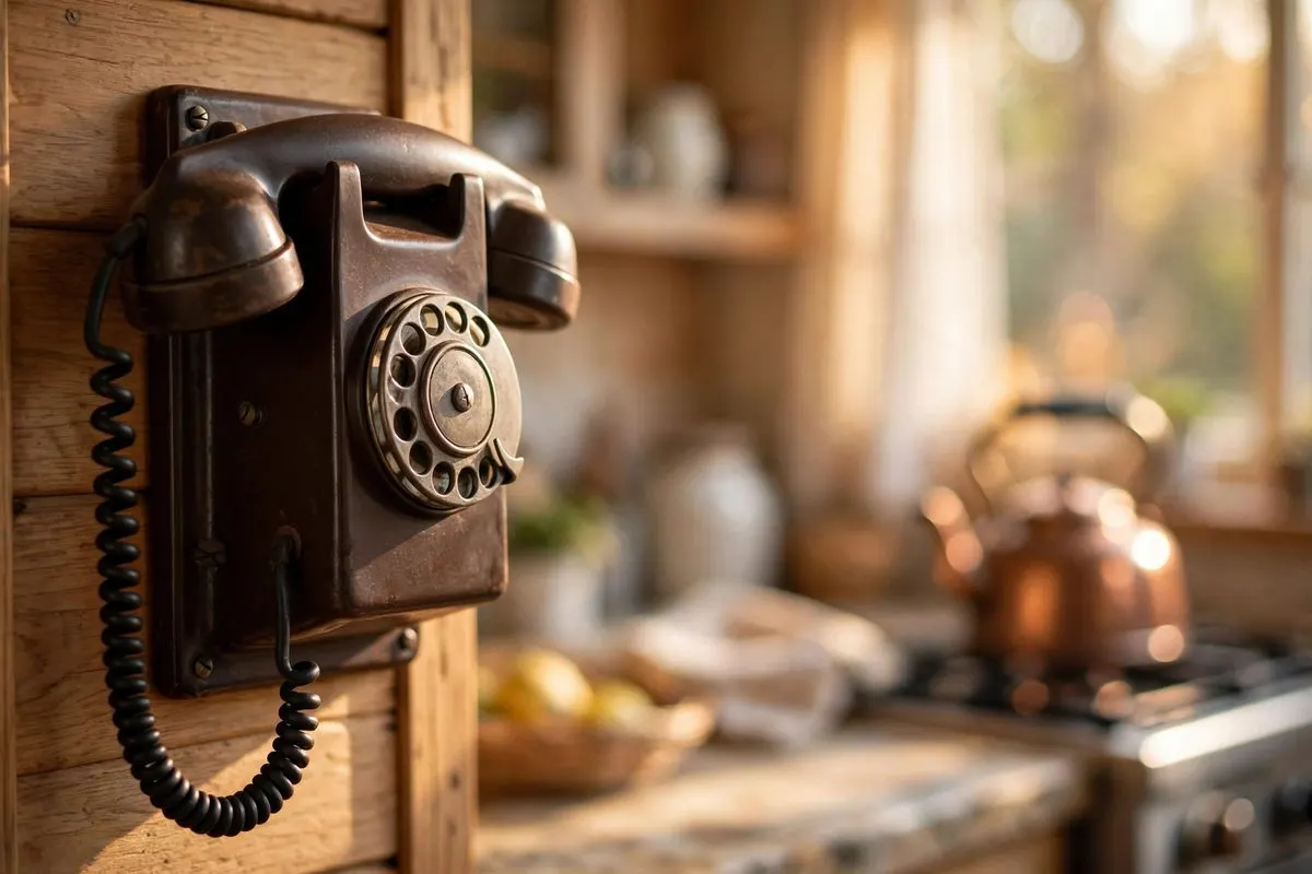 A vintage wall telephone in a cozy kitchen