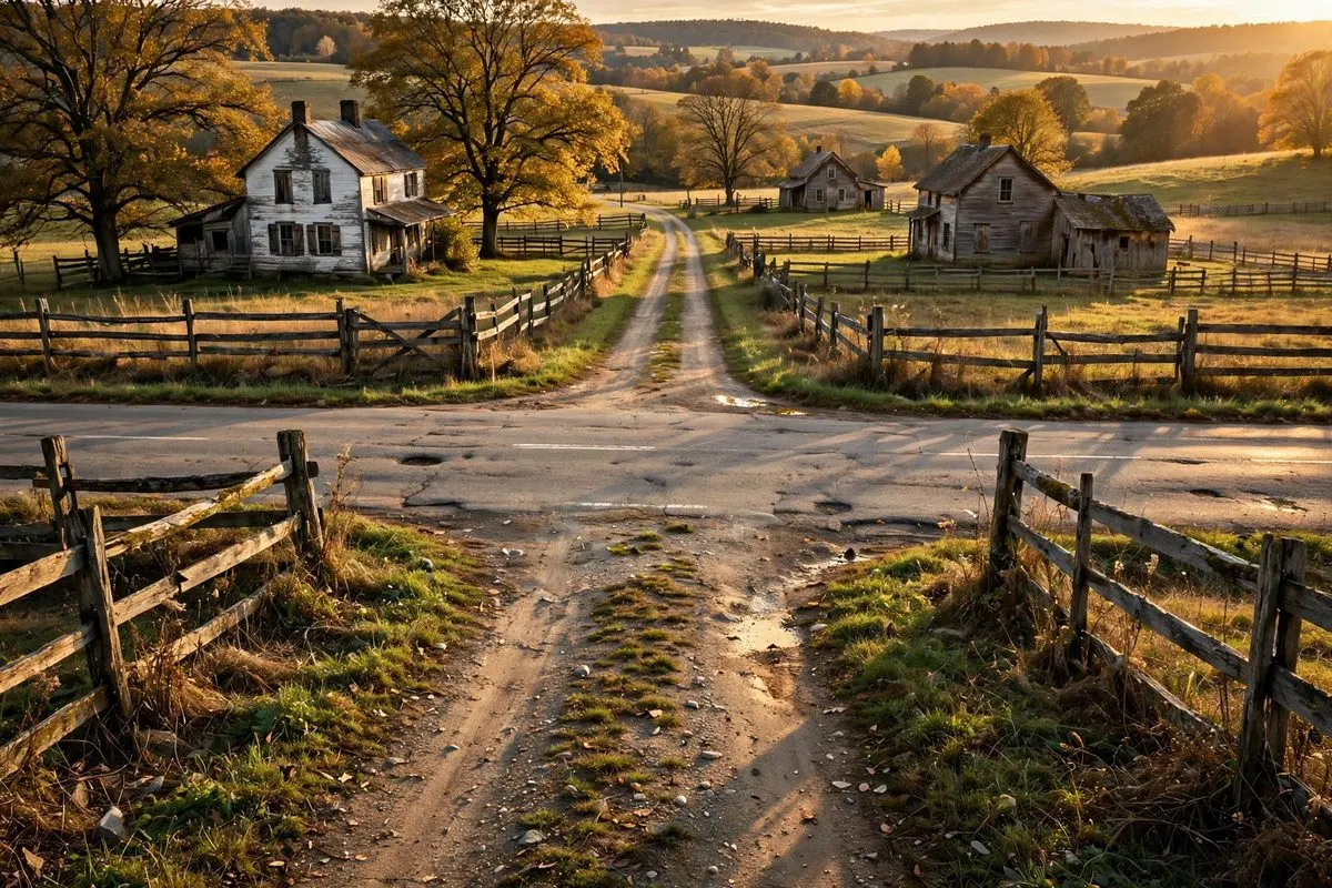 A quiet rural road intersection with farmhouses