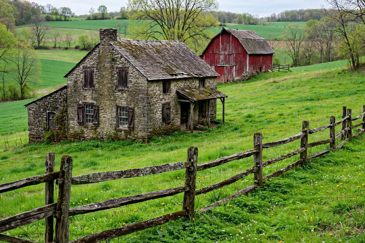 An old stone farmhouse with a barn in the fields