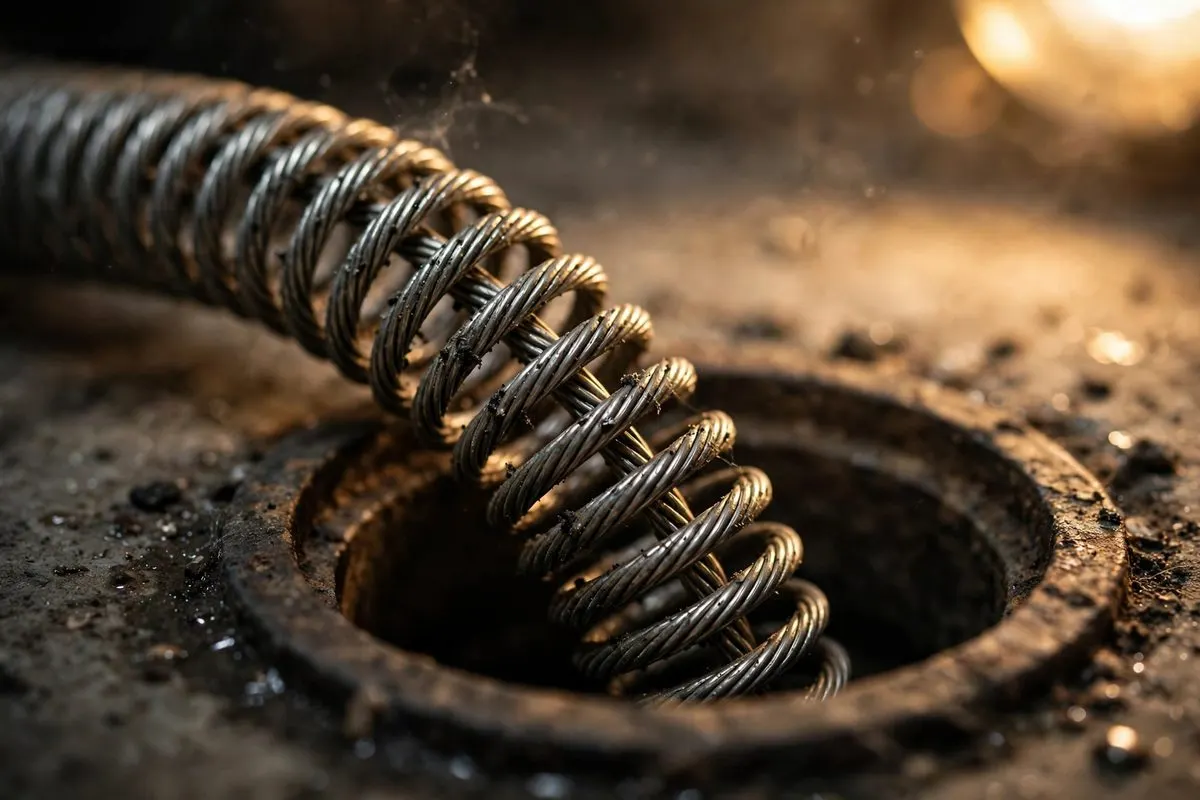 A steel drain cable feeding into a basement drain line in a home