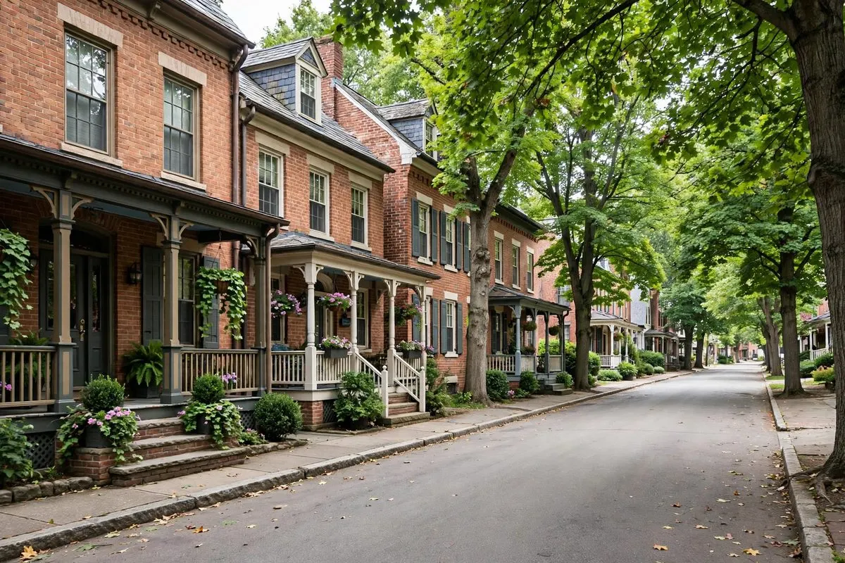 Historic brick rowhouses with porches on a tree-lined street