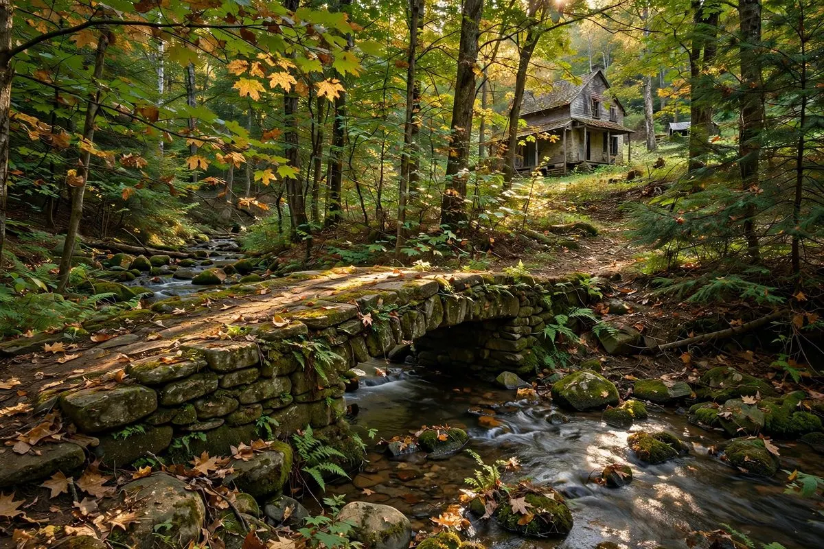 A stone bridge over a wooded creek