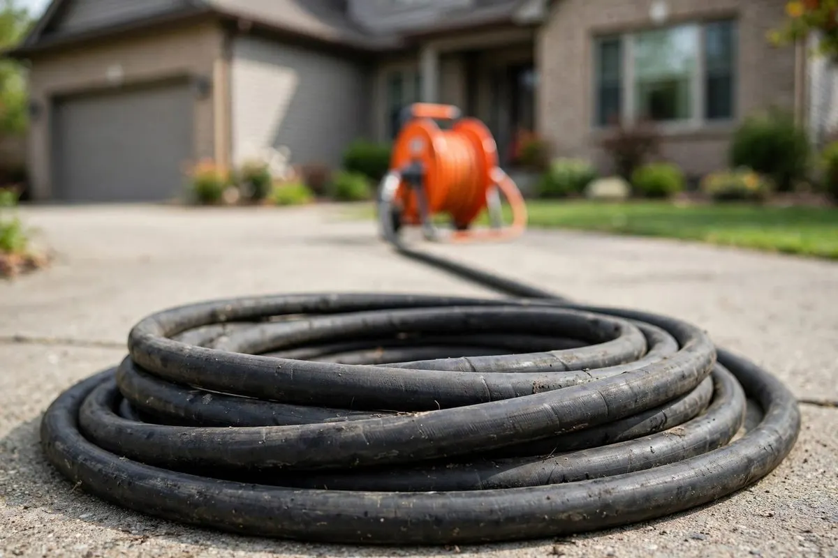 A high-pressure jetter hose coiled on a driveway