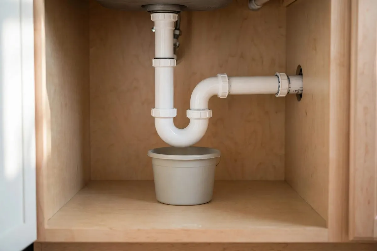 Drain pipes and P-trap under a kitchen sink in a home