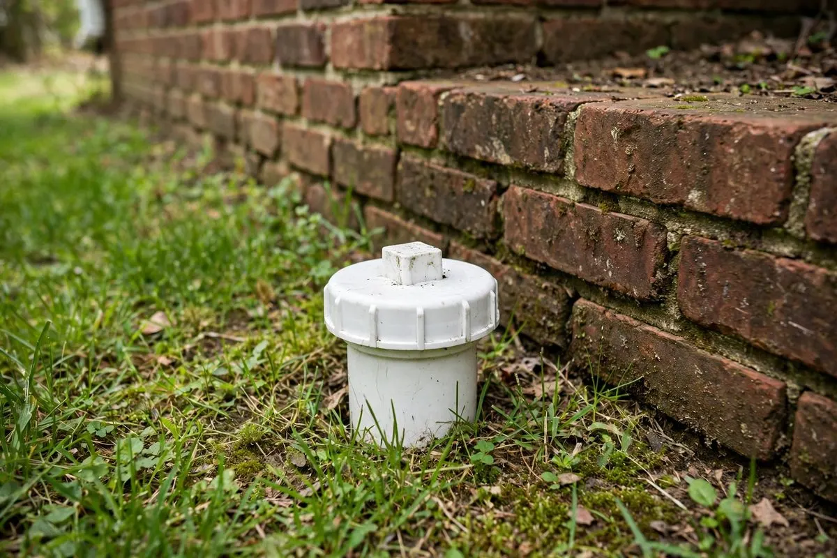 A sewer cleanout cap in the lawn beside a home