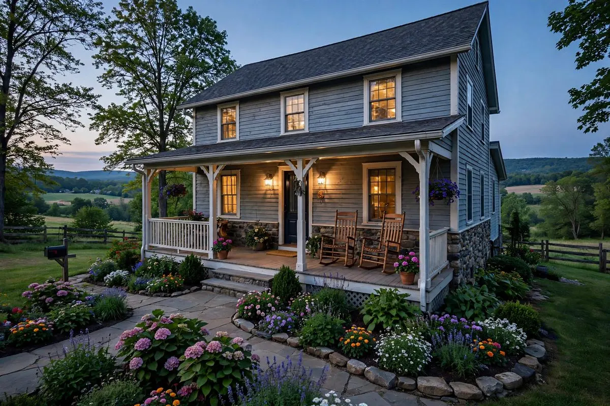 A village home with a wide porch and garden beds