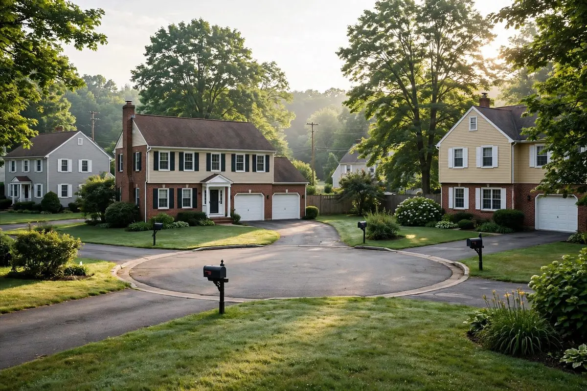A suburban cul-de-sac with colonial homes