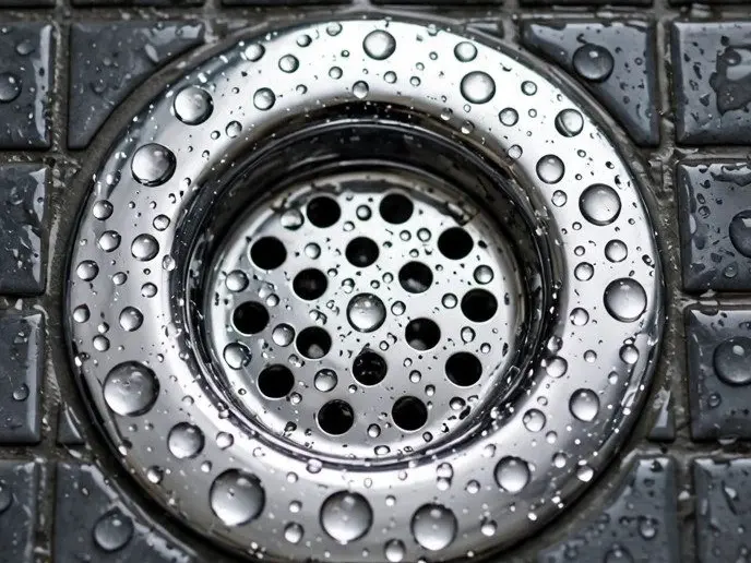 A chrome shower drain with water droplets in a bathroom