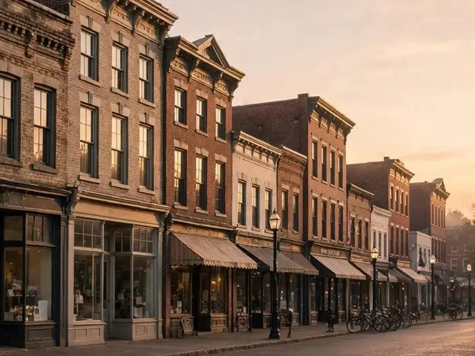 Brick storefronts along Main Street at sunrise