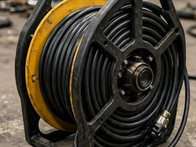 A drain camera reel with coiled cable in a basement