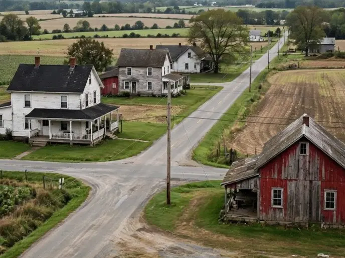 A rural crossroads with farm fields