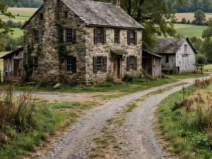 A stone farmhouse lane with fields