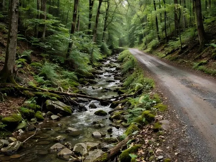 A wooded creek beside a country road