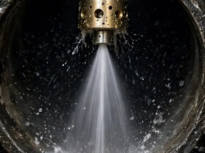 A jetting nozzle spraying water inside a pipe