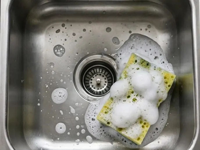 A soapy kitchen sink with a sponge by the drain in a home