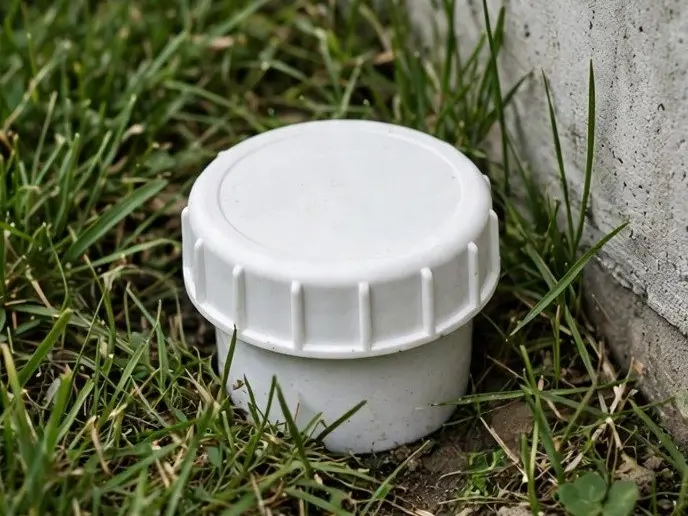 A sewer cleanout cap in green grass by a foundation