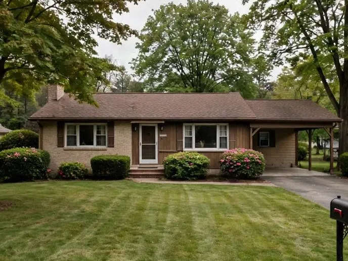 A suburban ranch home with a green lawn