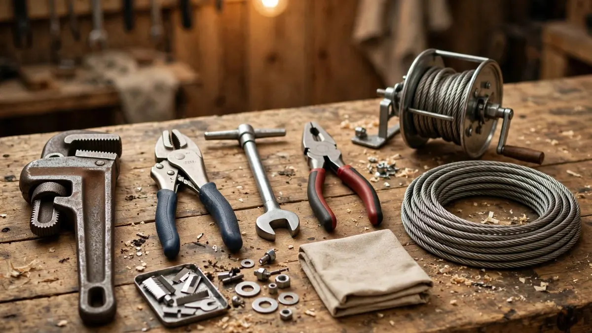 Drain cleaning hand tools and a coiled cable on a workbench