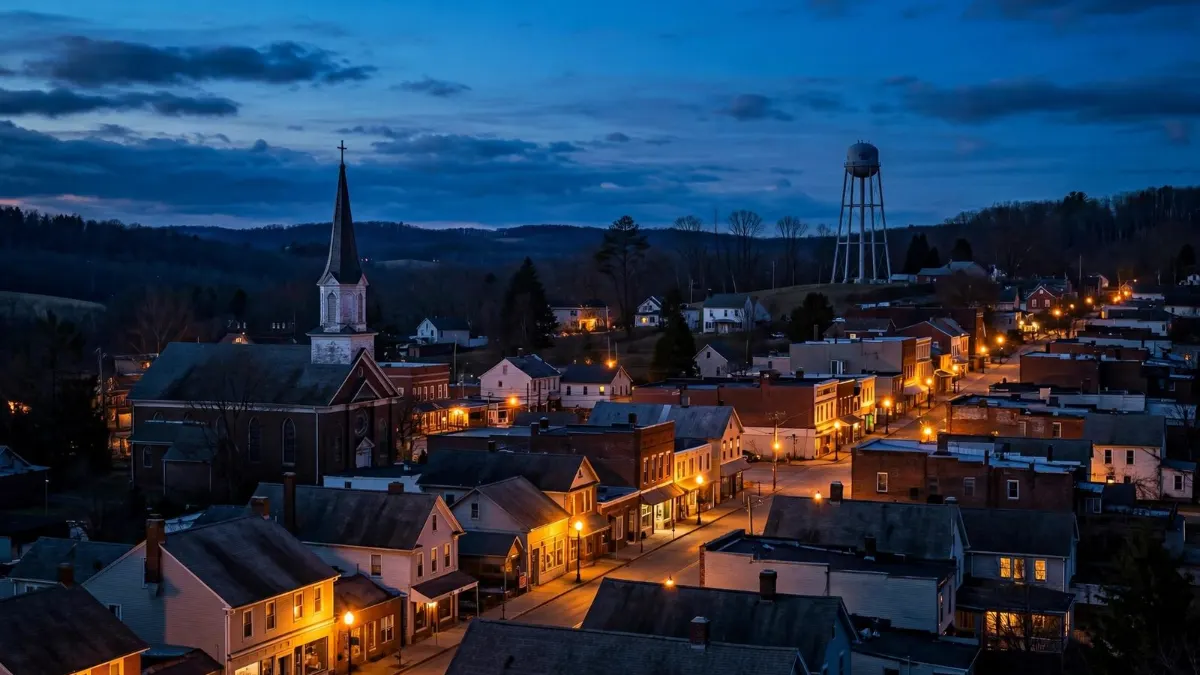 A small Pennsylvania town glowing at blue hour
