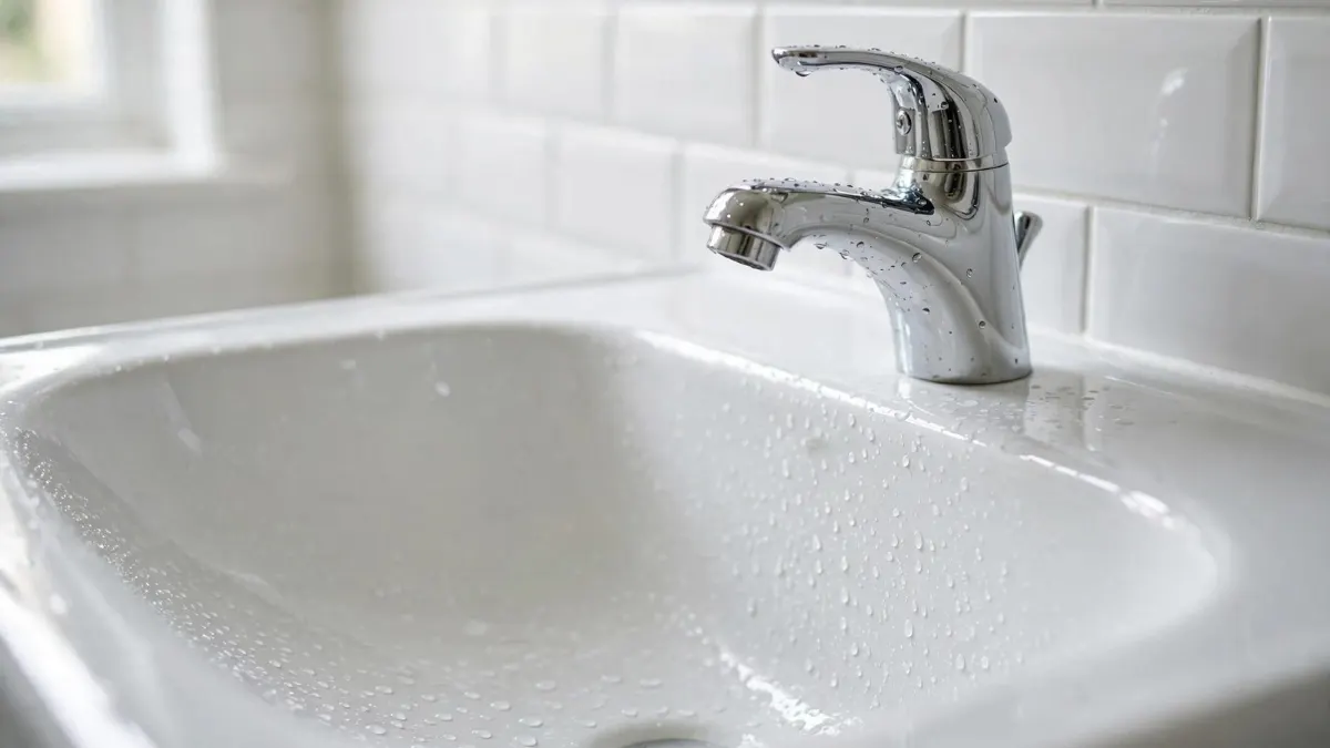 A white porcelain bathroom sink with chrome faucet in a home