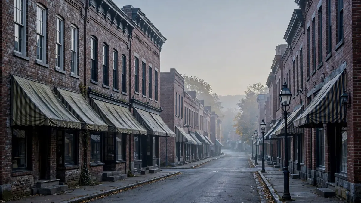 Historic brick Main Street storefronts at sunrise
