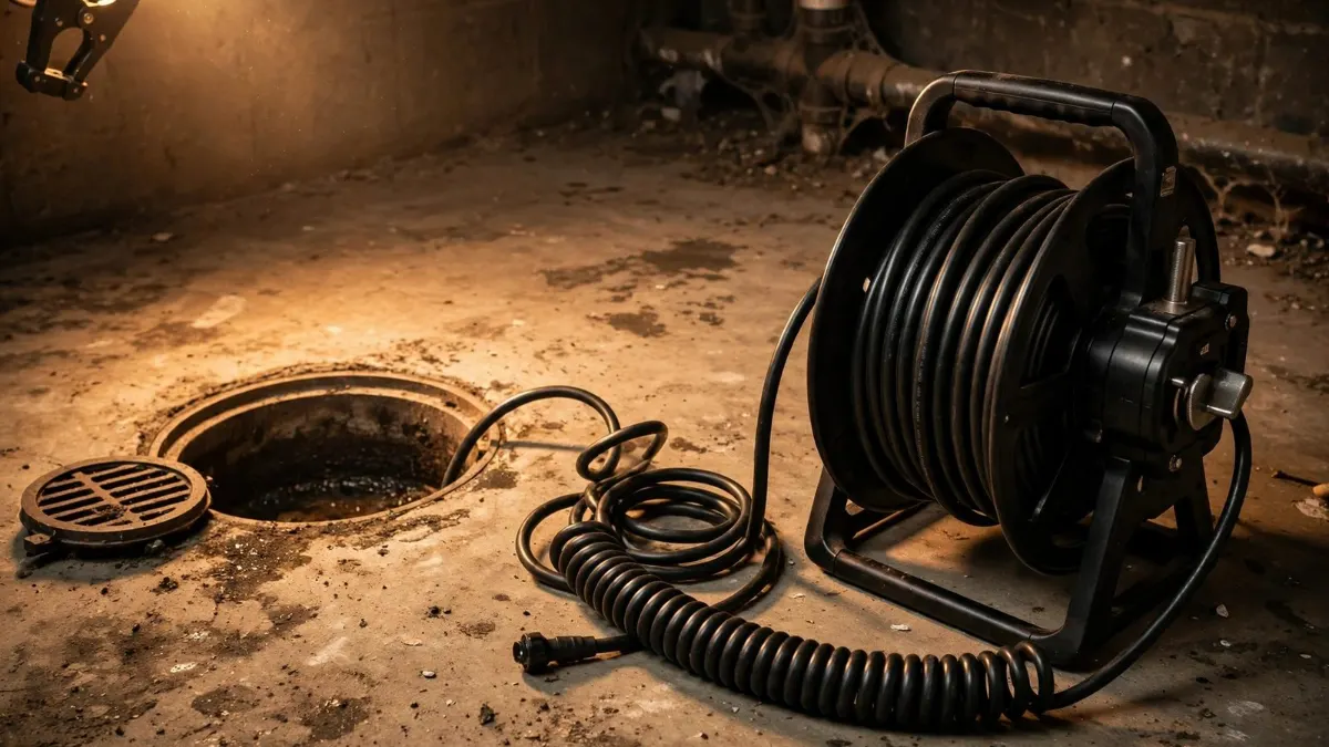 A drain inspection camera reel beside an open floor drain in a basement