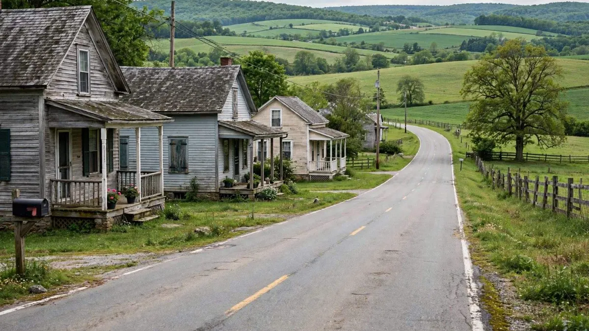 A village road with homes and green fields