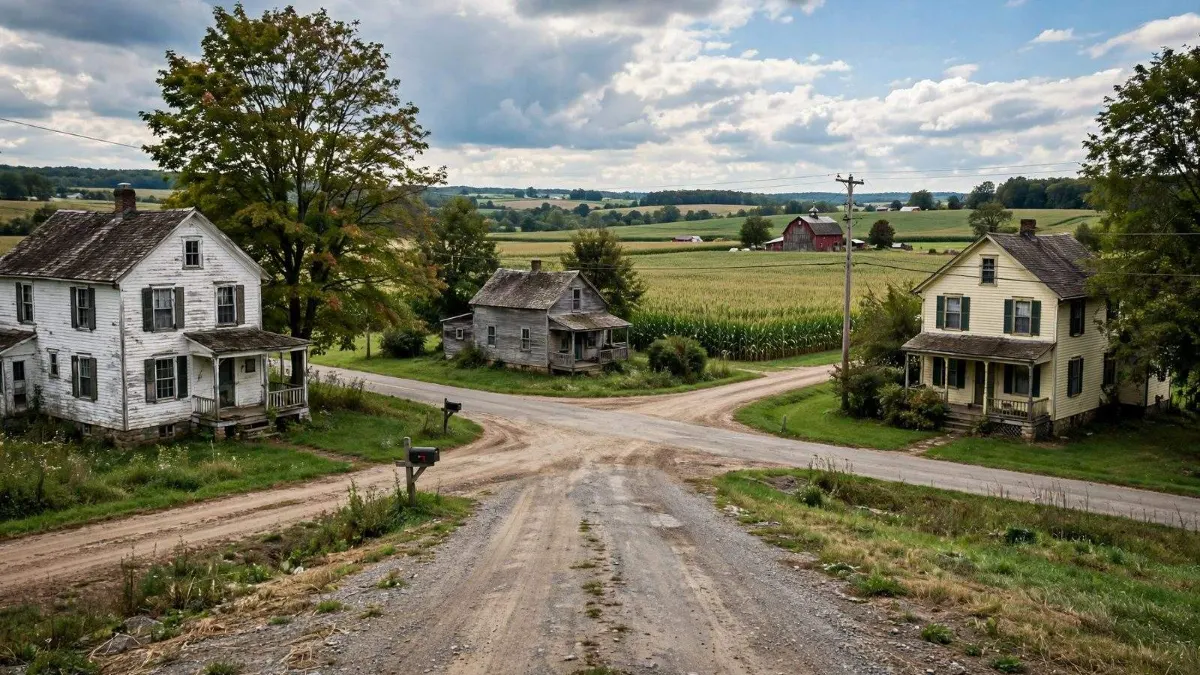 A rural crossroads with farm fields