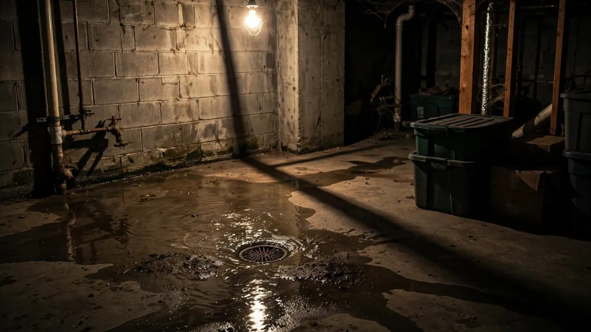 A basement with water pooling near a floor drain at night