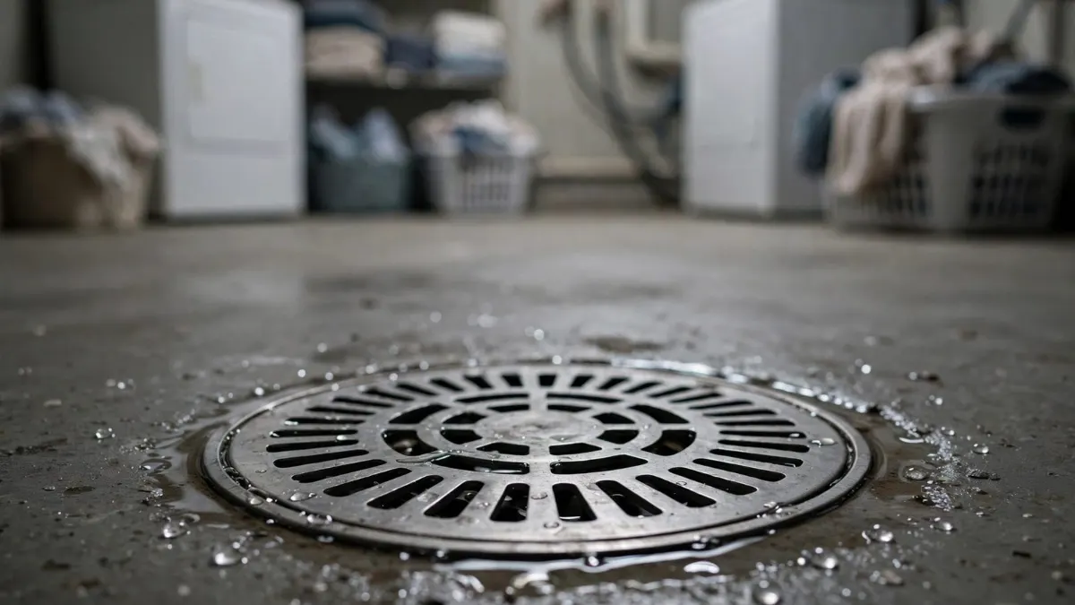 A basement floor drain with water beading around the grate in a home
