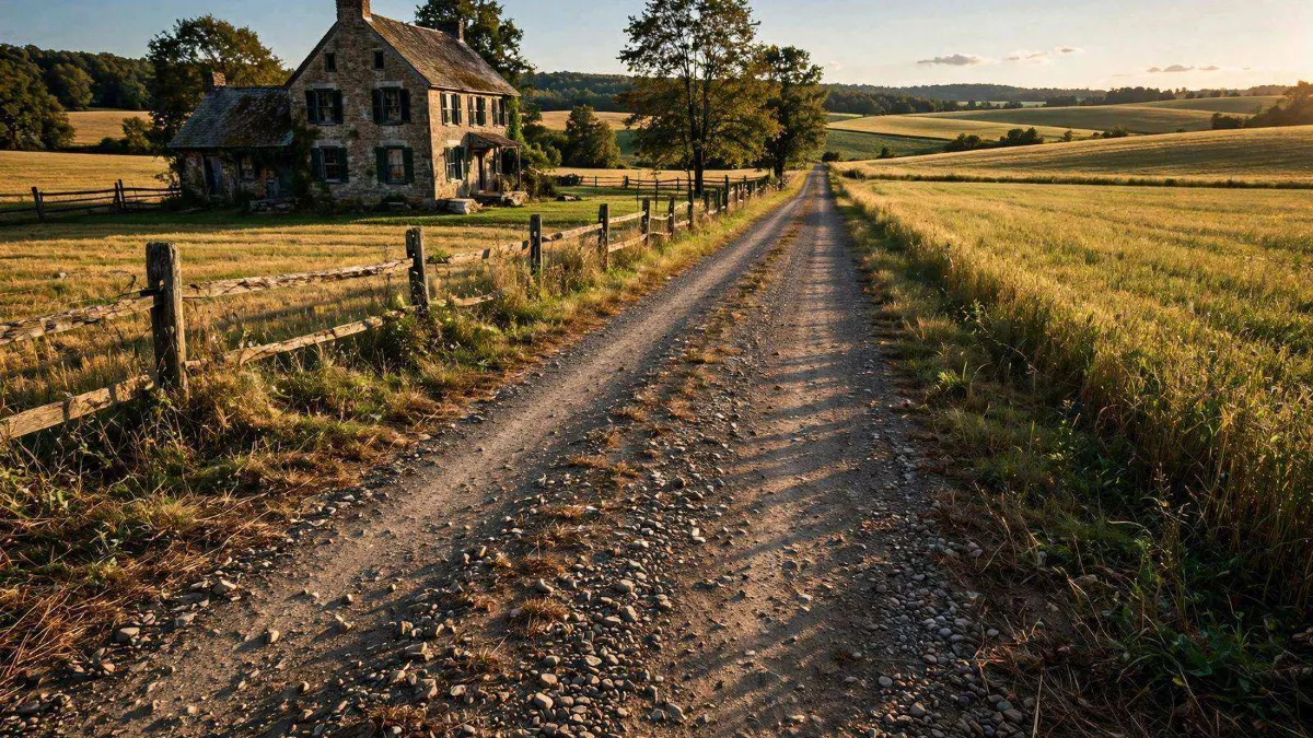 A gravel country lane with farm fields