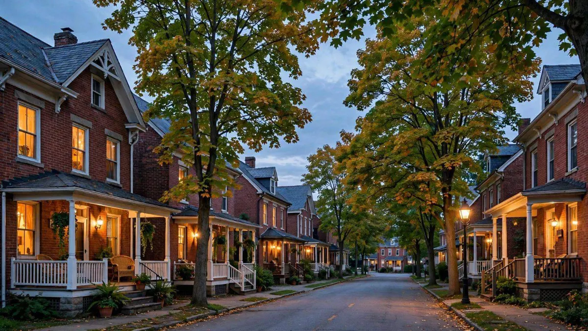 Brick rowhouses along a quiet street at dusk