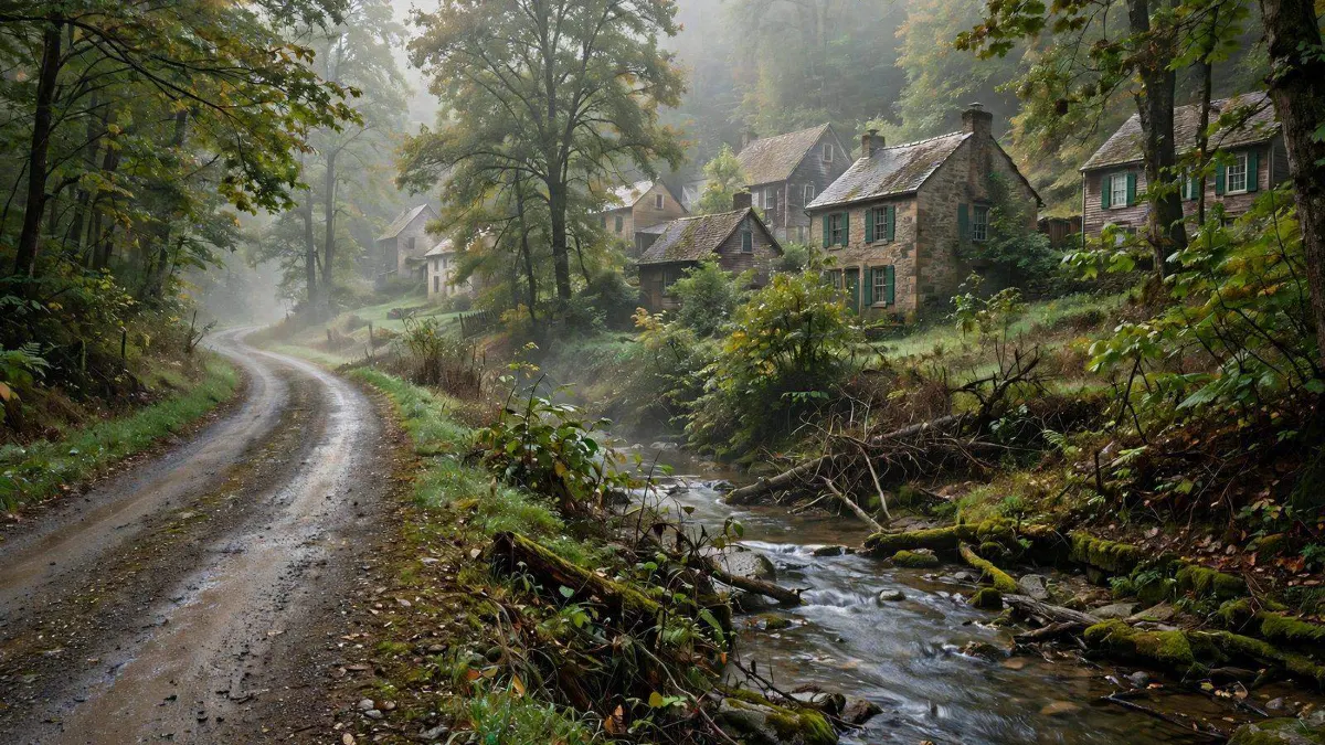 A country road beside a wooded creek