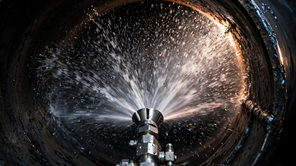 A hydro jetting nozzle spraying high-pressure water inside a dark pipe