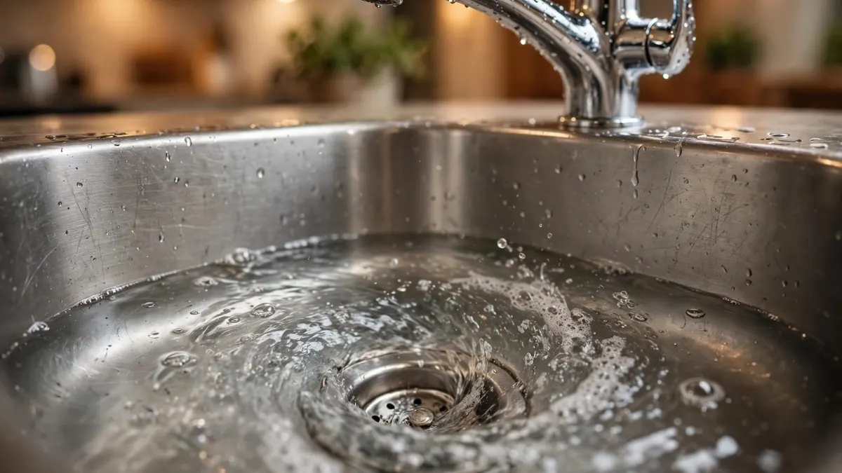 Water swirling down a stainless steel kitchen sink drain in a home