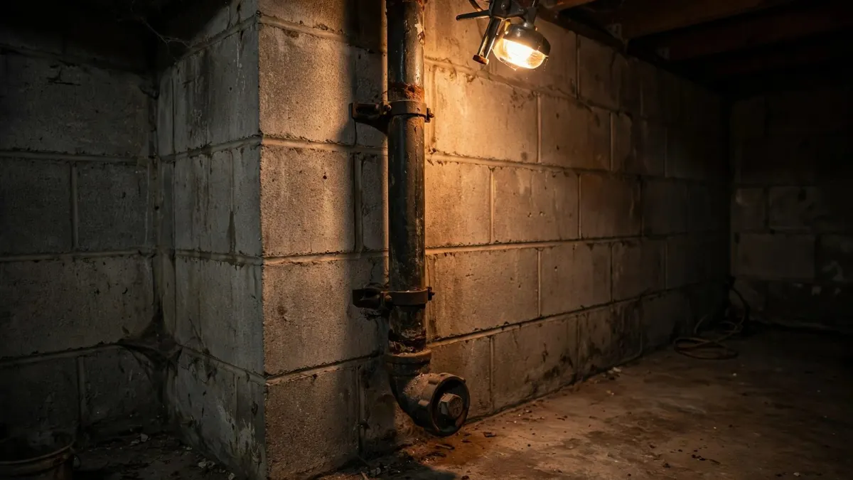 A cast iron main drain pipe with a cleanout cap in a basement