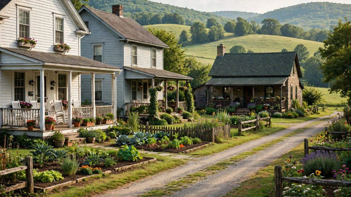 Village homes with porches along a country road