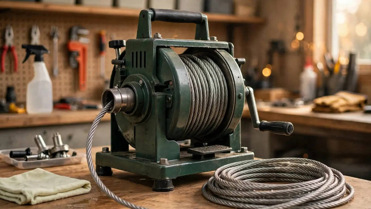 A professional drain cleaning machine with coiled cable in a workshop