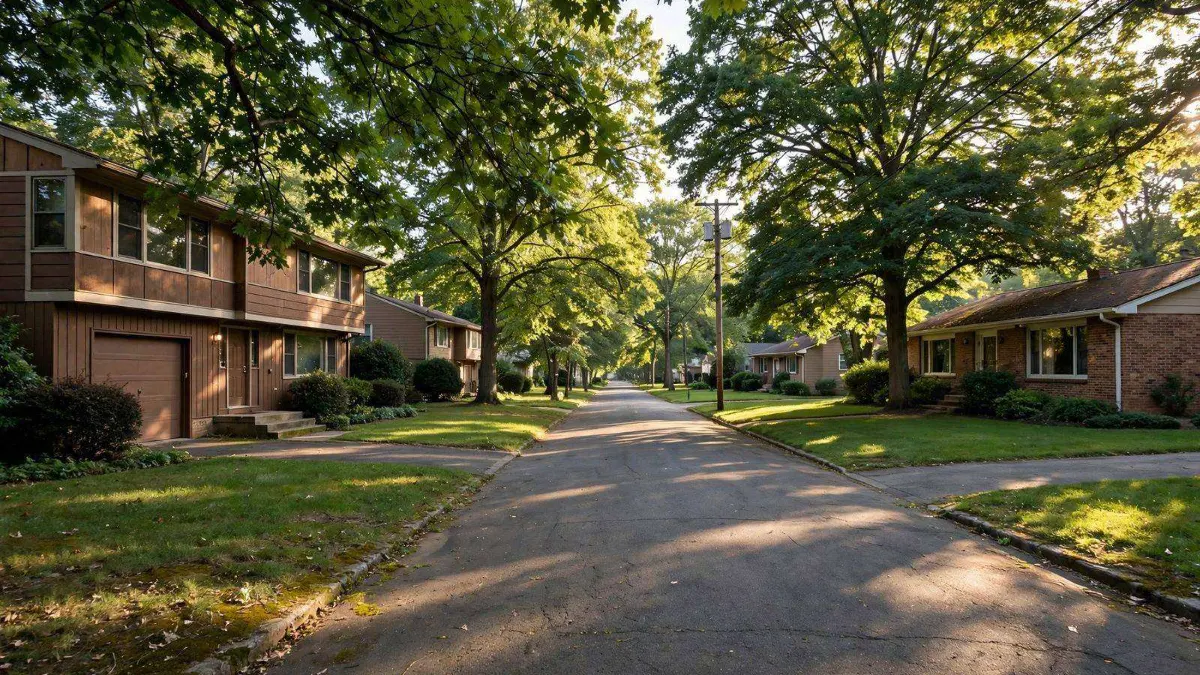 A quiet suburban street with ranch homes